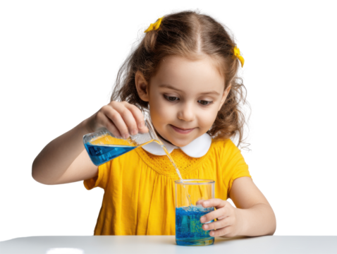Curious Chemist: A young girl in a vibrant yellow dress, engages in an act of scientific experimentation, pouring vibrant blue liquid from a beaker into a glass. It's a moment of discovery.