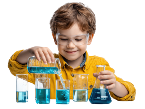 Young Scientist's Experiment: A curious child, protected by safety goggles, enthusiastically conducts a scientific experiment with beakers filled with vibrant colored liquids.