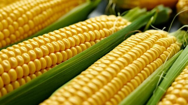 Bright yellow sweet corn on the cob with green husks forming a vibrant pattern with the kernels perfectly aligned for a harvest feast