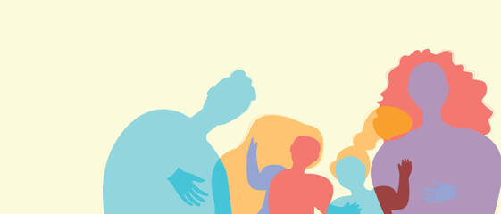 Parents and children as copy space template, color silhouette vector illustration with authentic Family