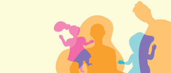 People faces as colored silhouettes of parents and children, colored silhouette vector illustration with authentic Family, copy space template