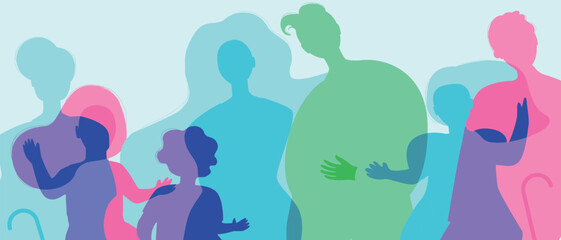 Silhouettes of parents and children with grandparents as a big family, color silhouette vector illustration as a propaganda of birth rate and authentic Family