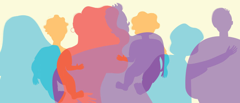 Parents and children faces with grandparents as a big family, color silhouette vector illustration as birth rate propaganda and authentic Family