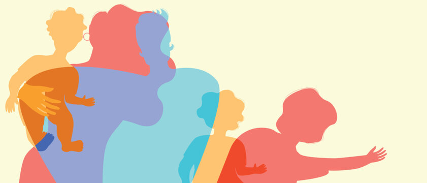 Parents with children, color silhouette vector illustration with authentic Family, copy space template for design