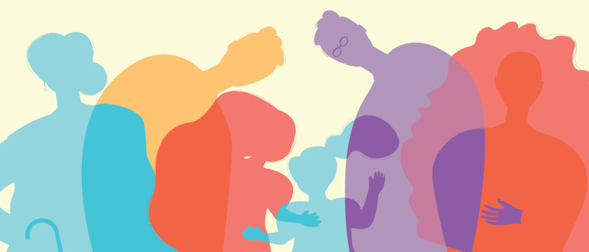 Silhouettes of parents and children as a big family, color silhouette vector illustration as propaganda of birth rate and authentic Family