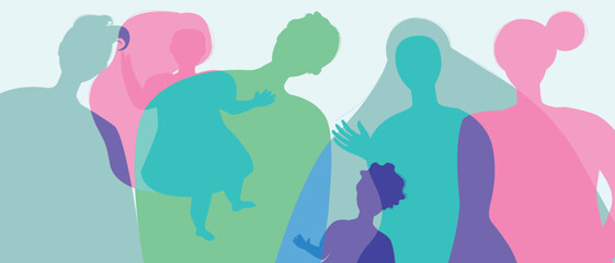 Mom, dad and children with relatives as a big family, color silhouette vector illustration as propaganda of birth rate and happy authentic Family