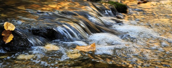 Autumn Stream Waterfall with Golden Leaves, Nature Photography, Water Flow , stream, waterfall