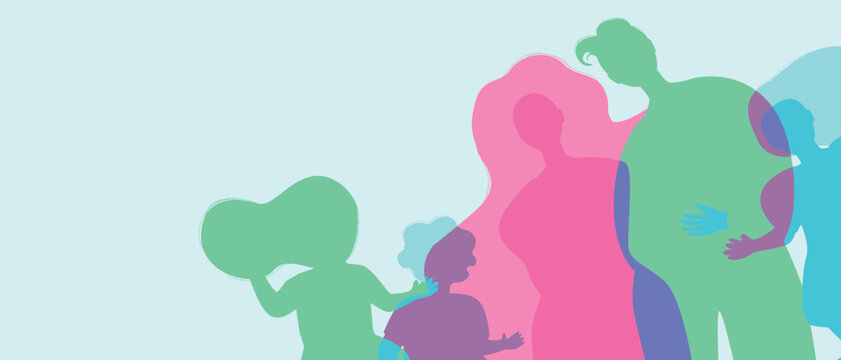 Mom, dad and kids as a family, color silhouette vector illustration with authentic Family, copy space template for design