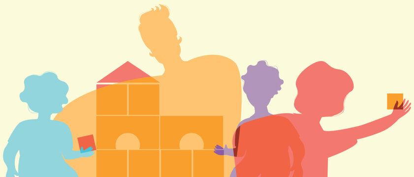 Parent dad and children playing, color silhouette vector illustration as concept happy authentic Family
