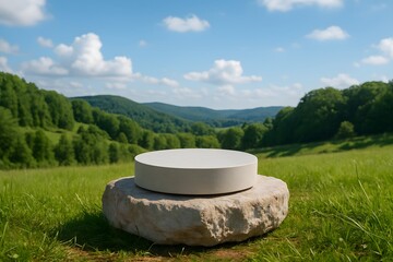 White cylindrical platform on stone, idyllic green field, hills background