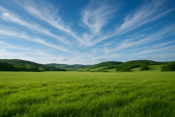 Serene green field landscape under a vibrant blue sky with wispy clouds