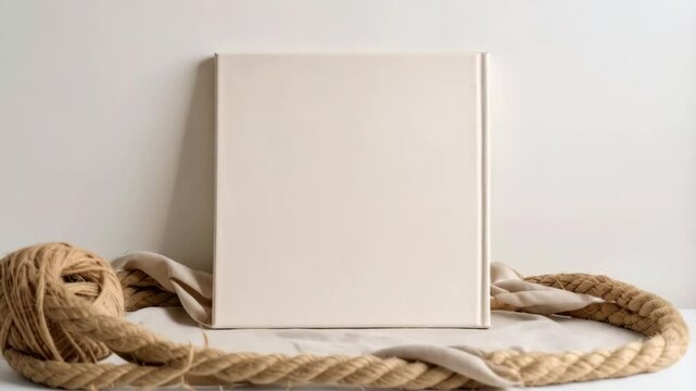 Blank cream-colored album stands on textured beige fabric with a thick rope and yarn, providing a neutral aesthetic for book covers and product mockups.