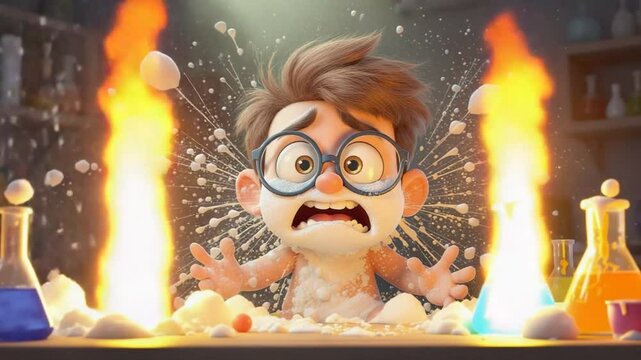 Cartoon Character Experiencing Lab Experiment Explosion with Shocked Expression
