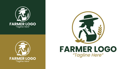 Modern Farmer Logo Featuring a Woman with a Hat Holding a Wheat Stem in Earthy Colors