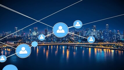 Connected digital network with cityscape backdrop visual representation - Powered by Adobe