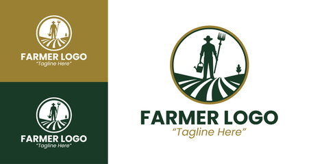 Minimalist Farmer Logo with Crop Fields and a Farmer Holding a Fork in Green and Gold Colors