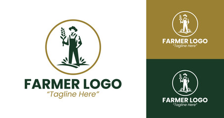 Vintage Farmer Logo Featuring a Farmer with a Pitchfork in Green, Brown, and Yellow Colors