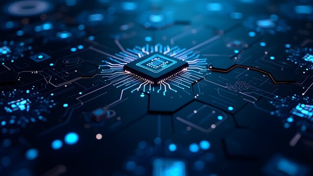 Futuristic Glowing Hexagonal Circuit Board with Blue Neon Lights and Digital Nodes