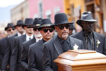 Funeral procession with pallbearers carrying wooden coffin