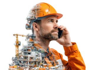 The Visionary Constructor: A focused construction worker, wearing a hardhat and coveralls, engages in a phone call, with a semi-transparent overlay of a building's structure.
