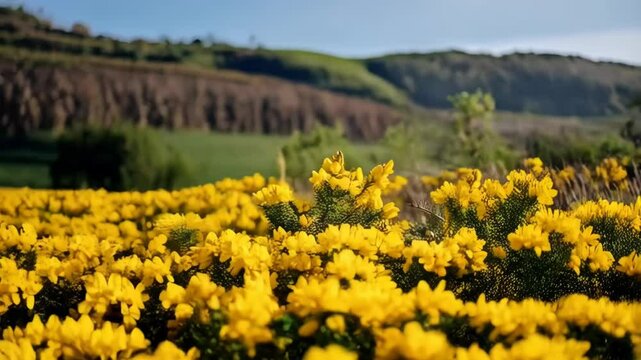 Bright yellow gorse flowers bloom abundantly in a field, with rolling green hills blurring in the background under a sunny sky.