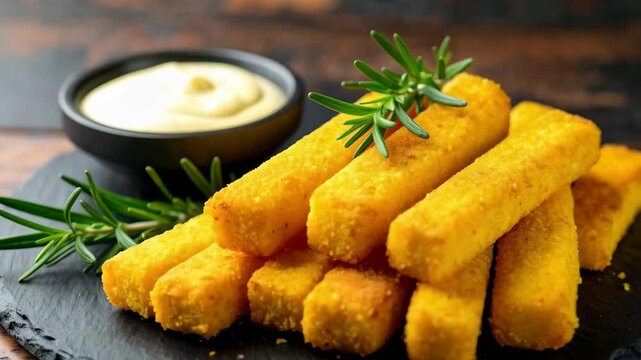 Crispy coated fish sticks, fried pollock, served with dipping sauce and rosemary garnish on a black slate plate and rustic wooden background.