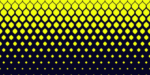 Abstract geometric pattern with halftone effect, fading shapes, leaves, mesh, grid. Horizontally seamless background. Extreme sport style vector texture. Black and neon yellow color. Repeated design