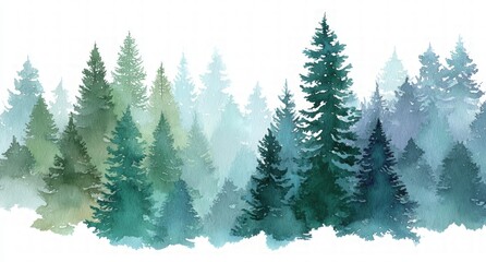 Watercolor Painting of a Misty Forest with Evergreen Trees
