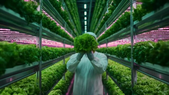 Man working at innovative vertical farm showing freshly grown lettuce. Hydroponic farming for sustainability concept footage.