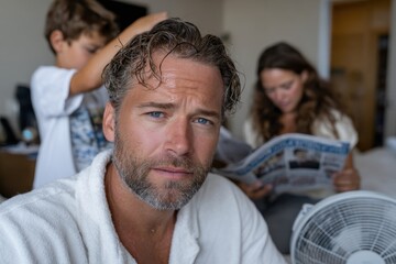 Fototapeta premium A father with a handsome beard is captured at home while his young son playfully styles his hair, showcasing a tender moment of family connection and daily life.