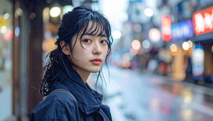 Fototapeta premium 雨に濡れる若い日本人女性、静かな街角で佇む感情的なポートレート Emotional Portrait of a Young Japanese Woman Standing in the Rain on a Quiet Street
