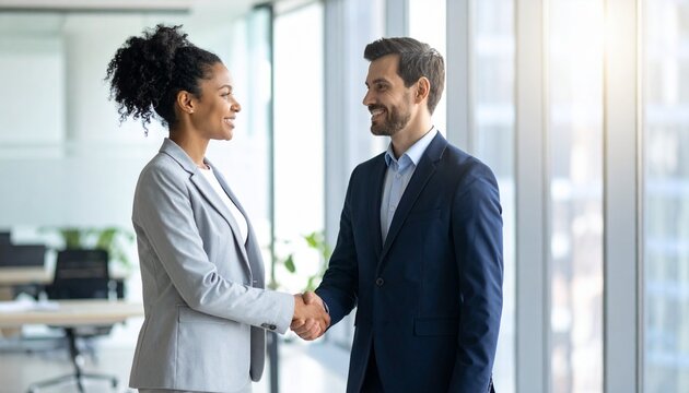 Realistic photo of a confident female executive shaking hands with a male colleague in a modern boardroom, symbolizing equality and partnership in business, diverse team in the background