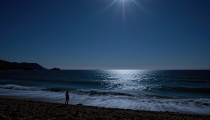 nighttime seascape, position subject at the bottom of image, place under bright dawn sky, optimize for photo use by leaving ample copy space at the top and around the subject