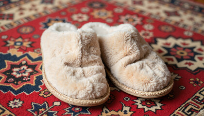 Soft beige slippers on colorful patterned rug indoors  