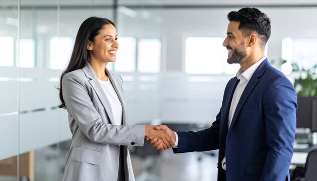Realistic photo of a confident female executive shaking hands with a male colleague in a modern boardroom, symbolizing equality and partnership in business, diverse team in the background