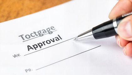 Hand holding pen to sign approval document on wooden table  