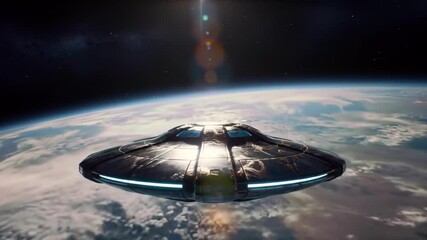 Low-Flying UFO Over Bright Earth Landscape – Daytime Sci-Fi Scene