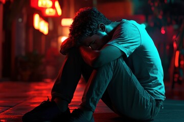 Emotional Young Man Sitting on Sidewalk in Urban Night Scene