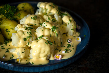 fresh cooking at home and ready to eat - cauliflower, potatoes and hollandaise sauce with herbes from the garden