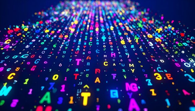 Endless stream of 3D glowing DNA letters flowing like a digital river. Minimalist sci-fi scene with focus on genetic code and biotechnology concept.