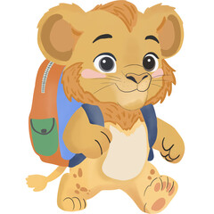 Fototapeta premium Cute cartoon lion student going to school with backpack.