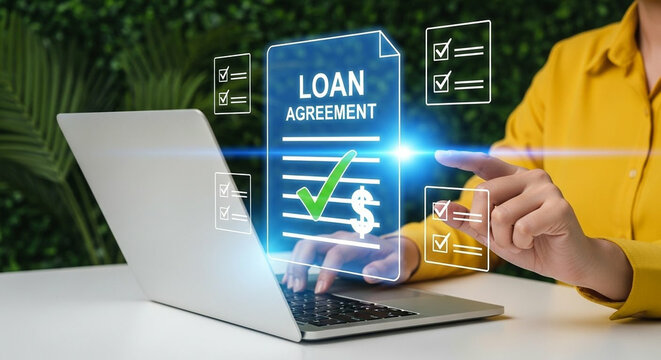 Woman reviewing digital loan agreement on laptop