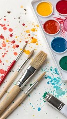 Obraz premium Watercolor paintbrushes and palette with colorful paint splatters on white background