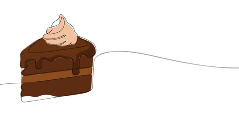 Continuous line drawing of a slice of chocolate cake topped with frosting, ideal for dessert, cafe, and celebration themes.
