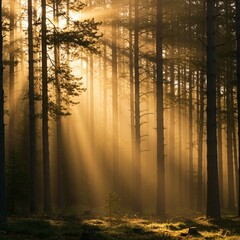  A peaceful morning scene of a dense forest with sunlight piercing through misty trees, creating a magical and serene atmosphere.