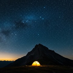  A quiet night scene featuring a glowing tent beneath a vast starry sky in the mountains, evoking solitude and wonder.