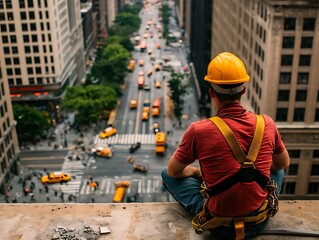 Construction worker wearing safety equipment observes urban cityscape views
