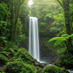 A breathtaking waterfall flows through a vibrant tropical rainforest, showcasing the raw beauty of unspoiled nature.