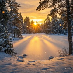  A tranquil winter landscape featuring a frozen lake encircled by snowy pines, bathed in soft golden light.