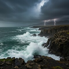  A powerful seascape with waves crashing against tall rocky cliffs under a dynamic sky, capturing the force of nature.